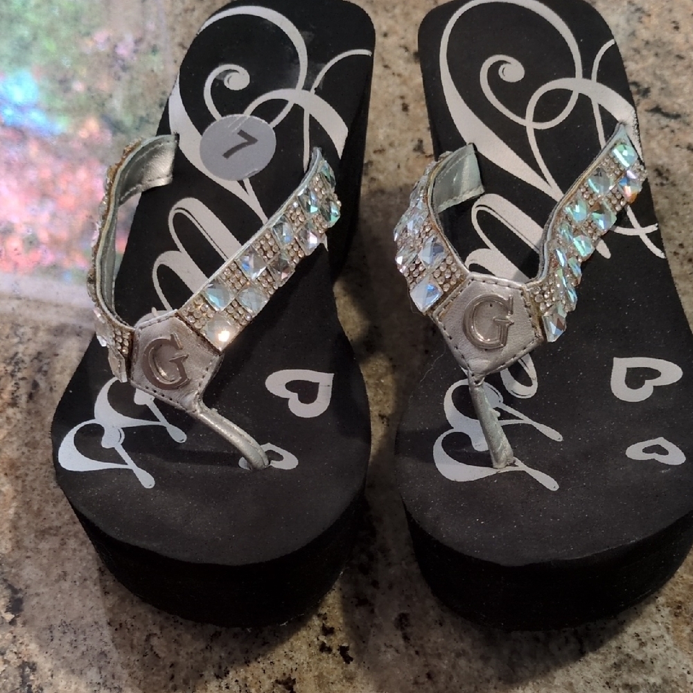 Guess Silver Gem-Embellished Wedge Thong Sandals